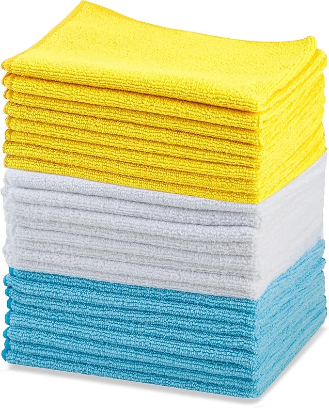 Microfiber Cleaning Cloths, Ultra Absorbent, Lint Free, Streak Free, Non-Abrasive, Reusable and Washable, 16″ x 12″, Blue/White/Yellow, Pack of 24